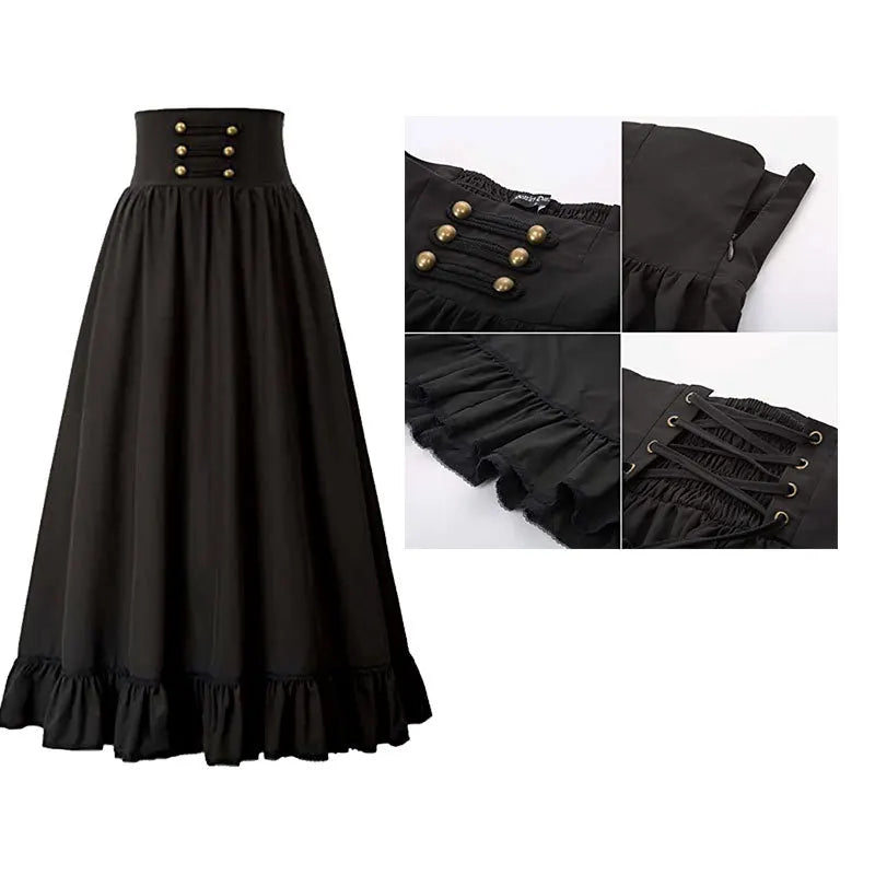 Women Maxi Skirt Medieval Intage Summer High Waist A Line Victorian Long Skirt Steampunk Gothic Ruffled Hem Pleated Party Skirts
