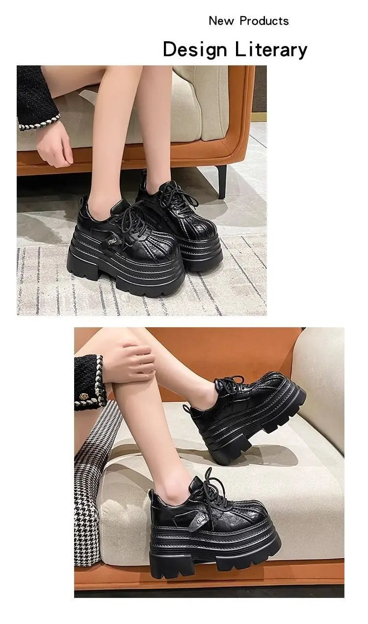 New 2025 Spring Women's Leather Sneakers High Platform Lace-up Casual Shoes Thick Sole 10CM Heels Walking Shoes
