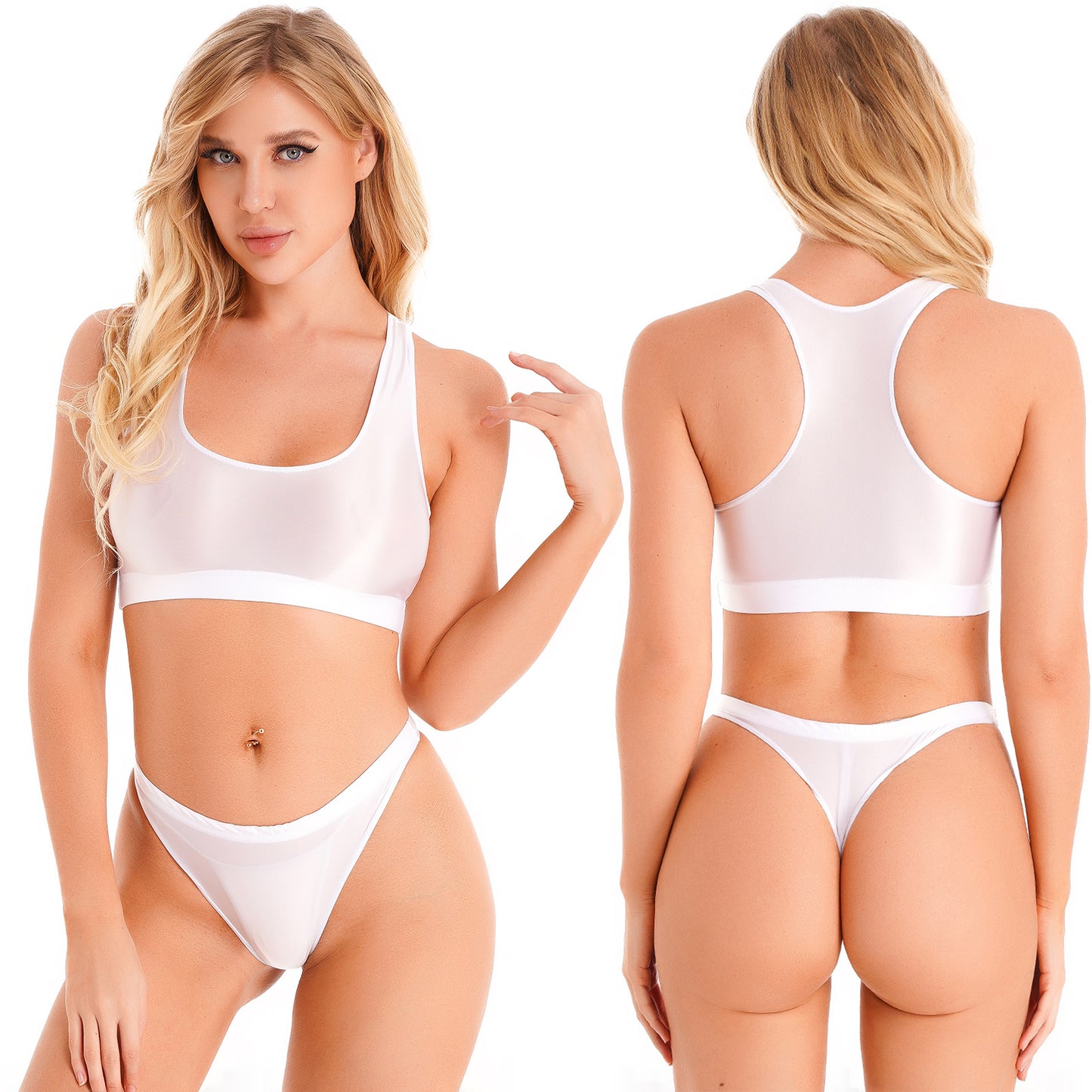 Women Glossy Swimsuit Outfit Oil Shiny Camis Crop Top Sports Fitness Smooth Tank Tops T-shirt With Panties Boxer Shorts Swimwear