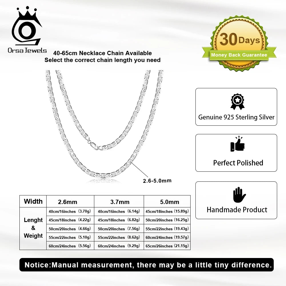 ORSA JEWELS 100% 925 Sterling Silver 2.6/3.7/5mm Flat Mariner Chain Necklace for Women Men Fashion Classic Necklace Jewelry SC78