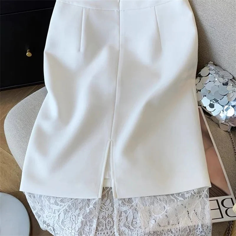 Autumn New Sexy Women's Slim Temperament Bag Hip Skirt Elegant Lace Patchwork Office Lady Midi Skirt Fashion Split Jupe 432P