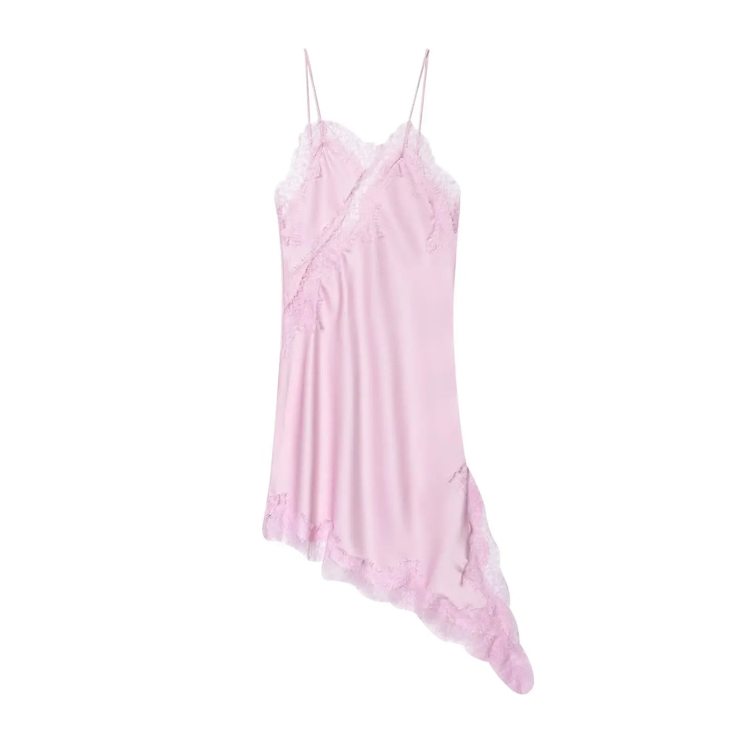 KONDALA Satin Sexy Lace Spliced Short Sling Dress Women Sleeveless Backless Asymmetric Sexy Party Dresses 2025 Autumn Lady Dress