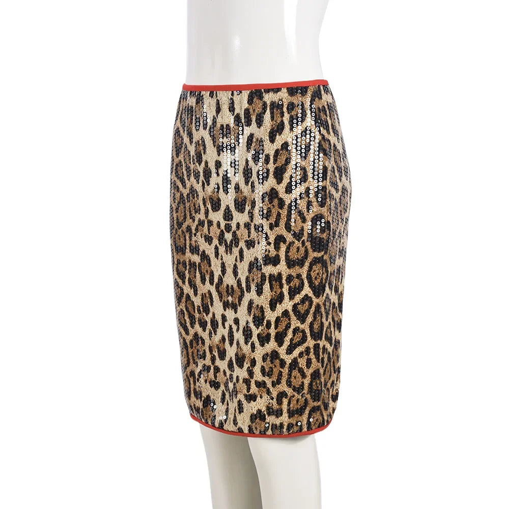 CMYAYA High Waist Women's Midi Skirt Leopard Sequined Sweet Slim Sexy Casual Elastic 2025 Spring Street Night Skirts Vacation