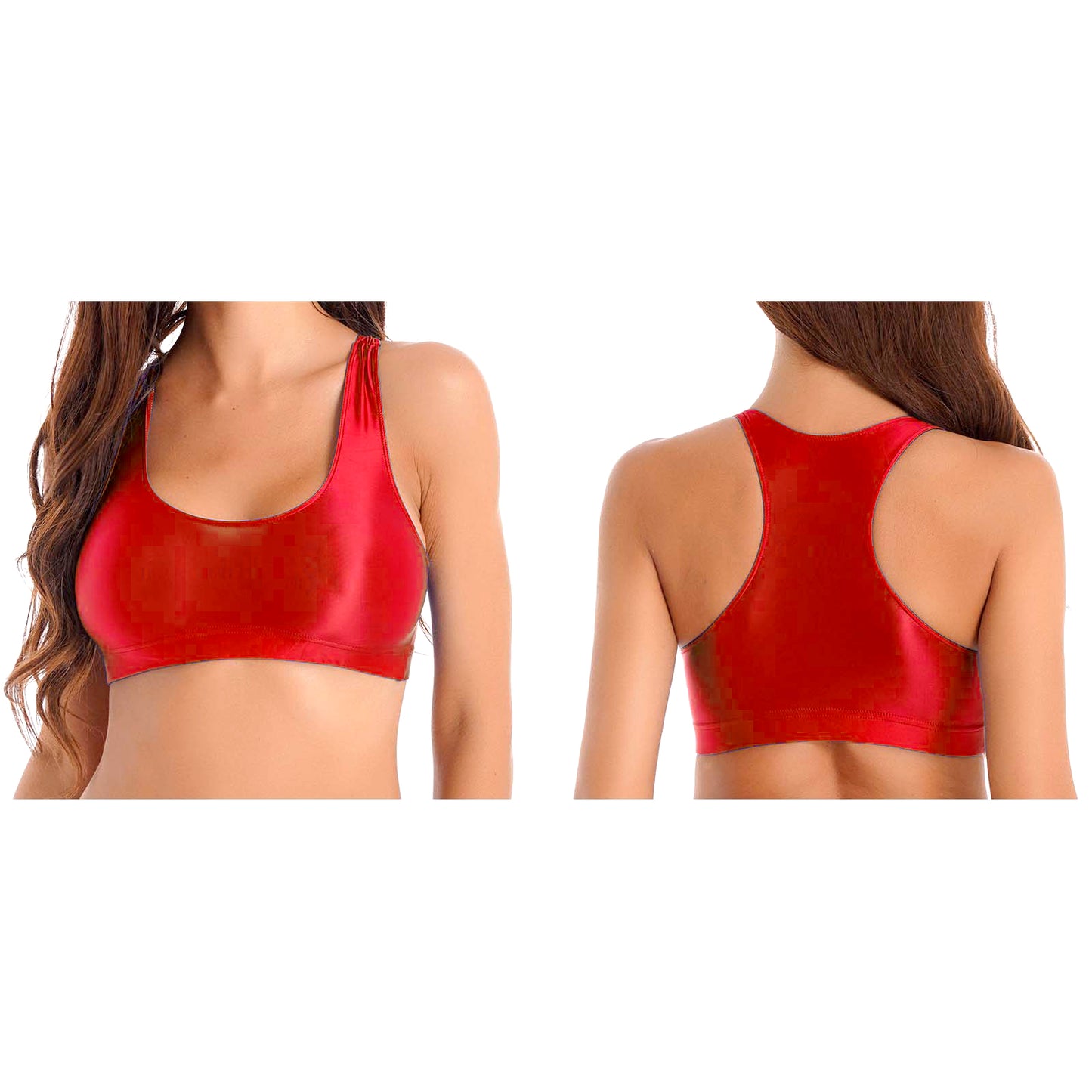 Women Glossy Swimsuit Outfit Oil Shiny Camis Crop Top Sports Fitness Smooth Tank Tops T-shirt With Panties Boxer Shorts Swimwear