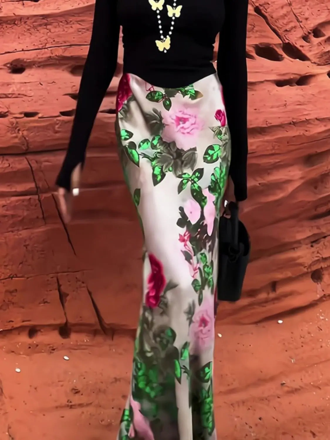 Women Clothing Stylish Vintage Satin Floral Print Luxury Chic Long Skirts Female Elegant High Waist Slim Party Maxi Skirt Faldas