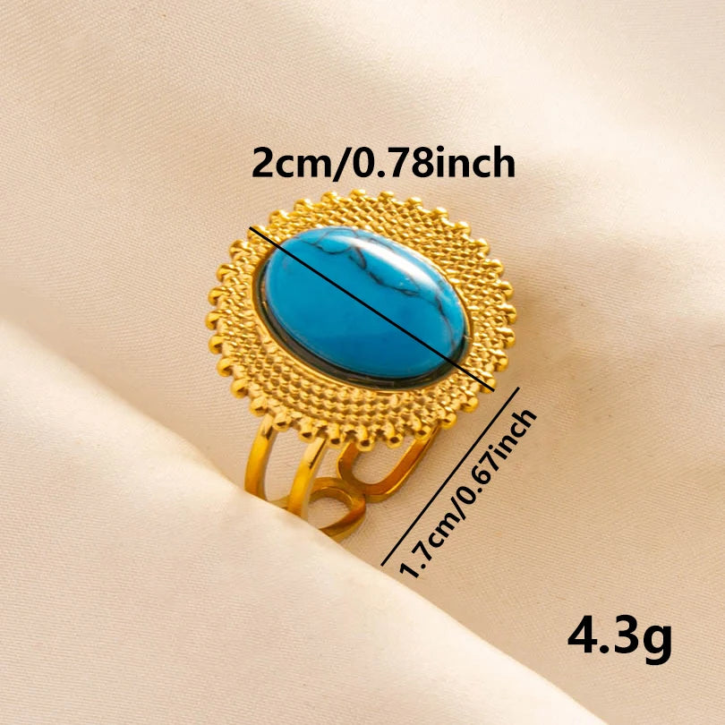 2pcs/lot Vintage Turquoise Gold Plated Knuckle Rings Blue Synthetic Stone Stainless Steel Rings Boho Jewelry Women Gifts No Fade
