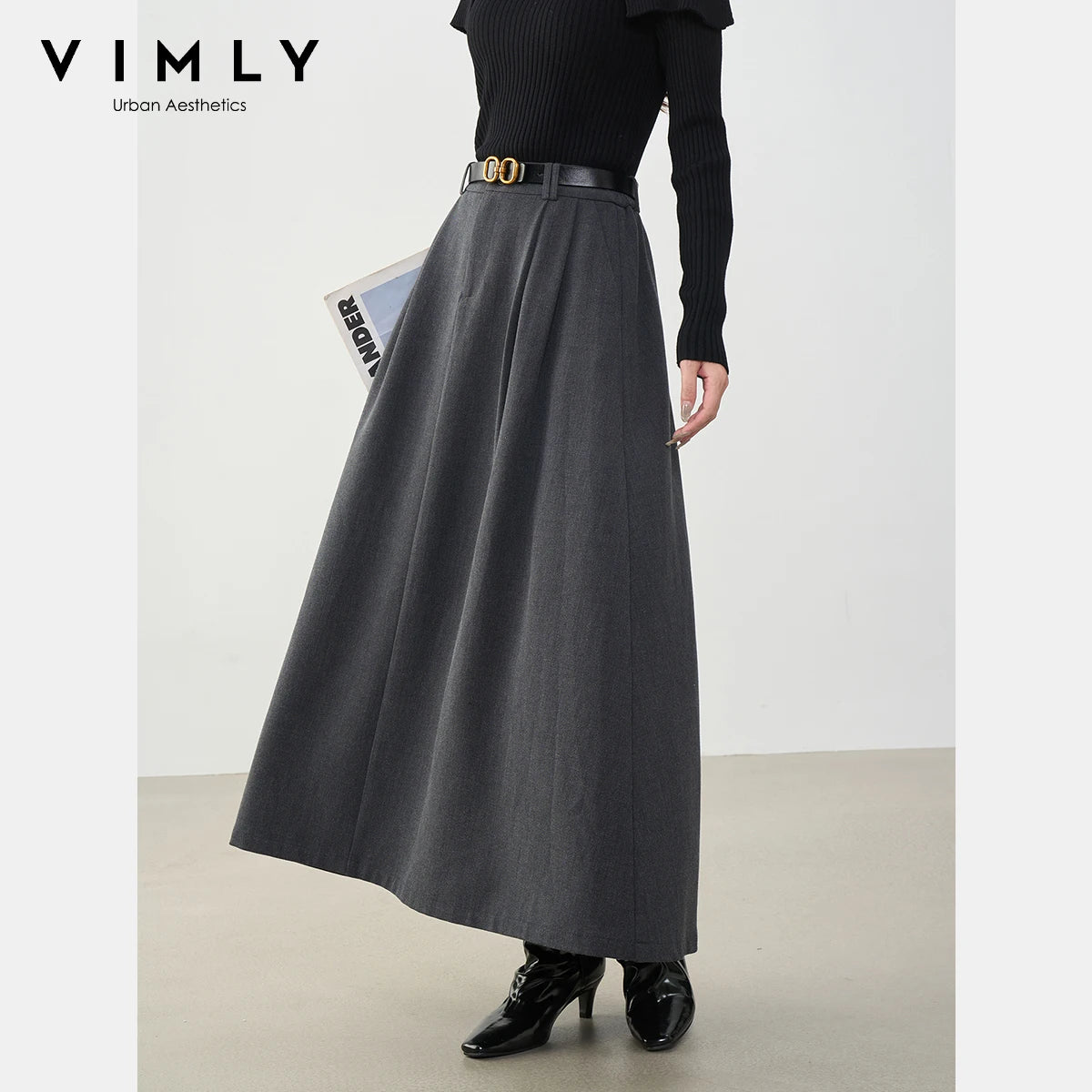 VIMLY Midi Women Skirt 2025 Autumn Office Lady Gray A-line Bud Elegant Ladies Skirt Zipper Loose Pockets Female Skirts A2202