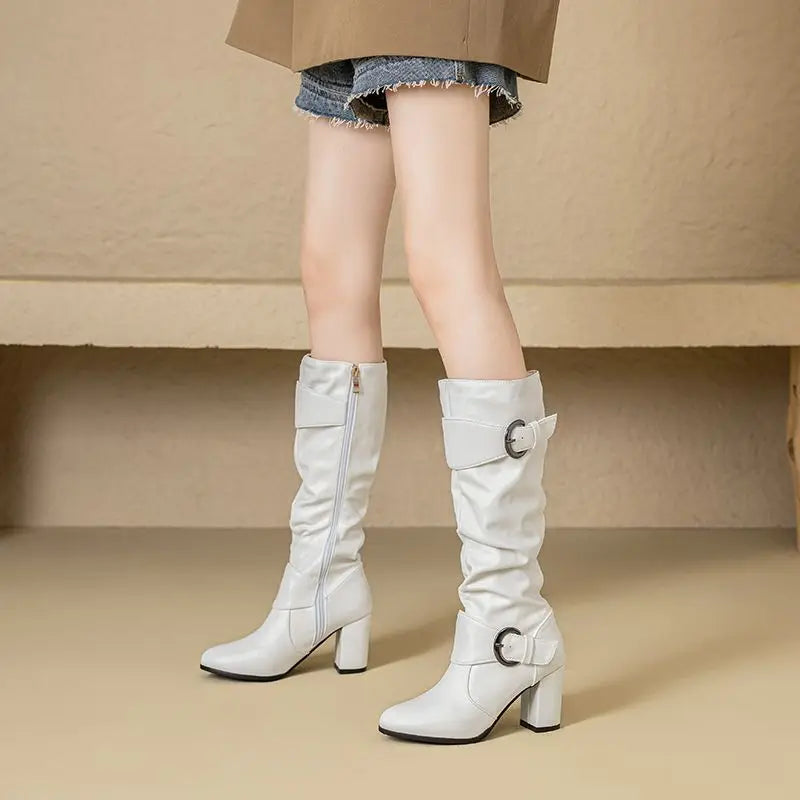 REAVE CAT Classic Women Knee High Boots Round Toe Block Heels 7.5cm 51 52 Pleated Fashion Booties