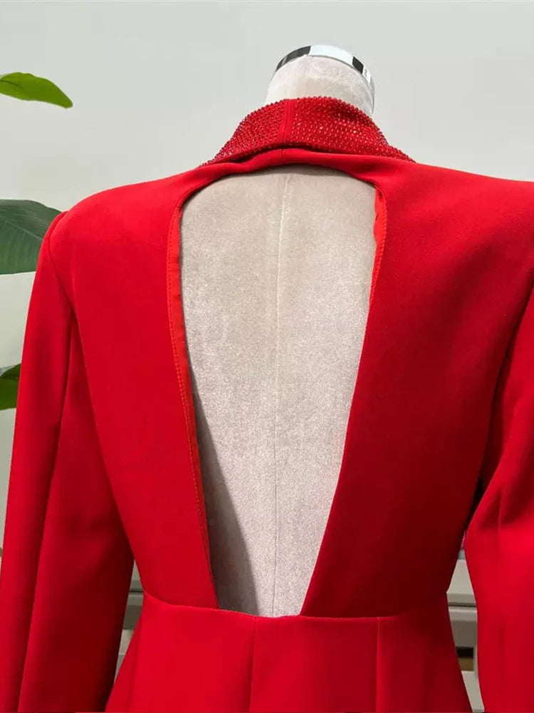 2025 autumn women's new fashion temperament deep V-neck heavy industry beading stitching design sense backless women's suit jack