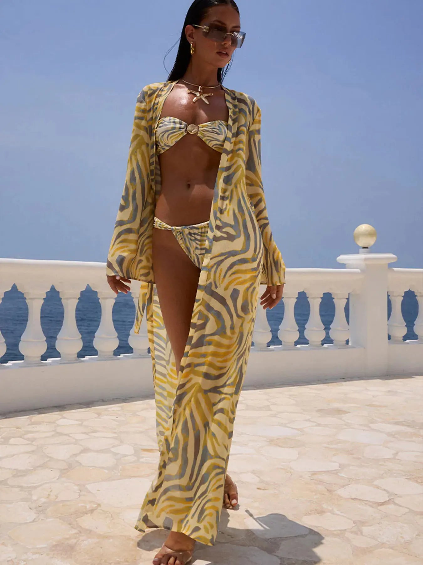 2025 Sexy Stylish Printed Printed Bikini Set with Long Cover-Up Perfect for Sunset Beach Parties and Beach Trips Summer Getaways