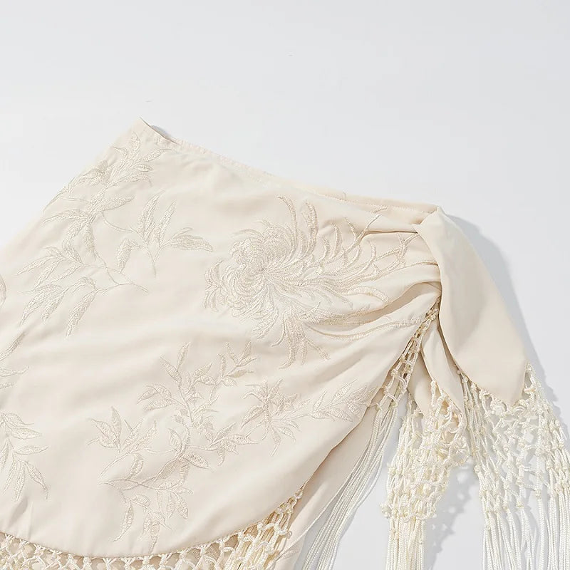 MUJER Embroidery Lace Long Skirt Woman High Waist Midi Skirts for Women Summer Beach Skirt Woman Tassel Women's Skirts Cylinder