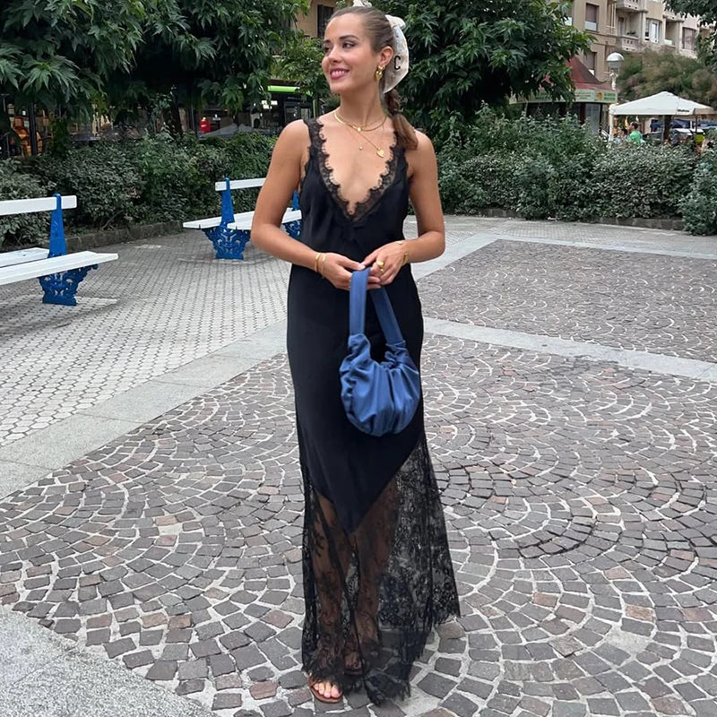 Tornova Sexy Spaghetti Strap Lace Dress For Women Fashion Splice Elegant Backless Long Dress Slim Vacation Party Female Clothes