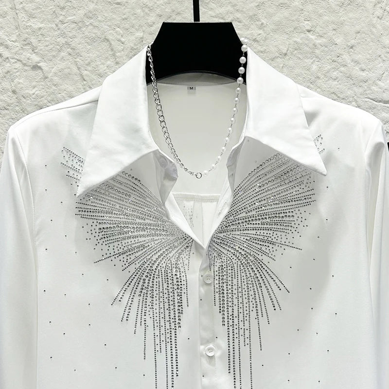 Heavy Industry Butterfly Rhinestone Shirt Men's Korean Version Shoulder Pad Versatile Casual Shirt Stage Performance Streetwear