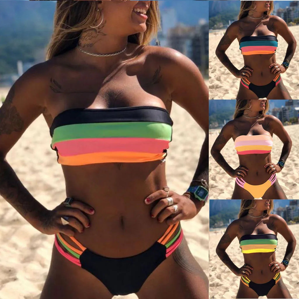 Bathing Suit Women Push-Up Swimwear New Colored Stripes Padded Strapless Bikini Set Summer Swimwears Tankinis Set Bikini Bottoms