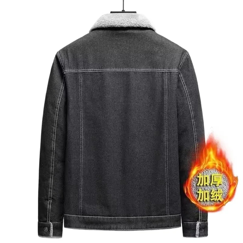 2025 Men's fleece denim jacket, autumn and winter warmth, casual, teen slim jacket