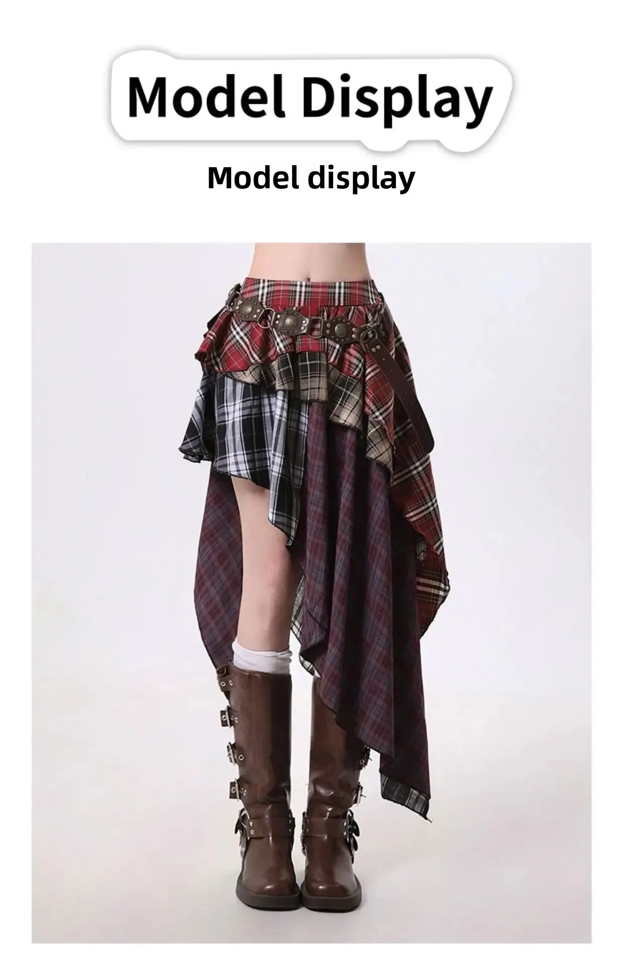 American Plaid Half Skirt Women's Spring Summer New Style Pleated Asymmetrical Color Block Short Skirt A- Line Polyester Fiber
