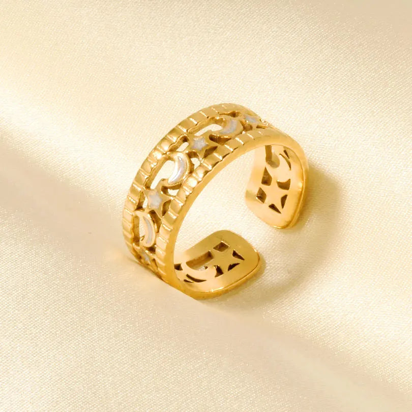 Elegant Ring Enamel Stainless Steel Rings For Women Men Accessories Flower Plant Jewelry Open Adjustable Real Gold Plated Bagues