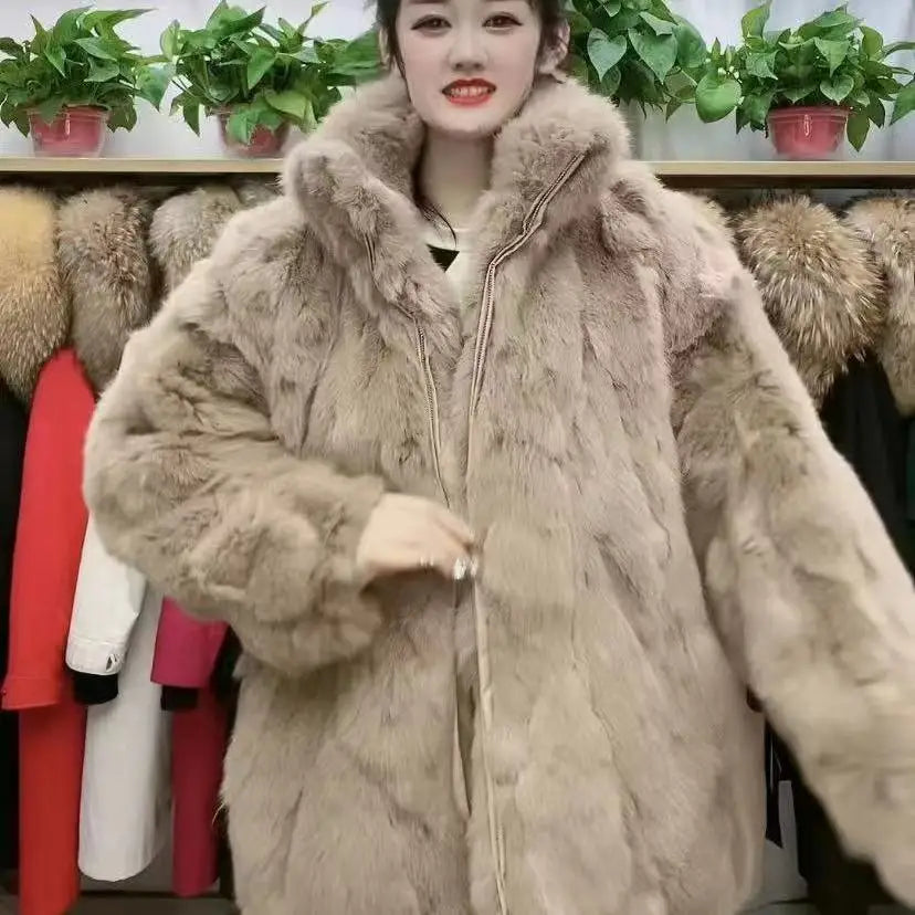 Rex Rabbit Fur Coat for Women, Loose Long Overcoat, Thick Warm Female Clothing, New Fashion, Winter Zipper Jacket, High Quality