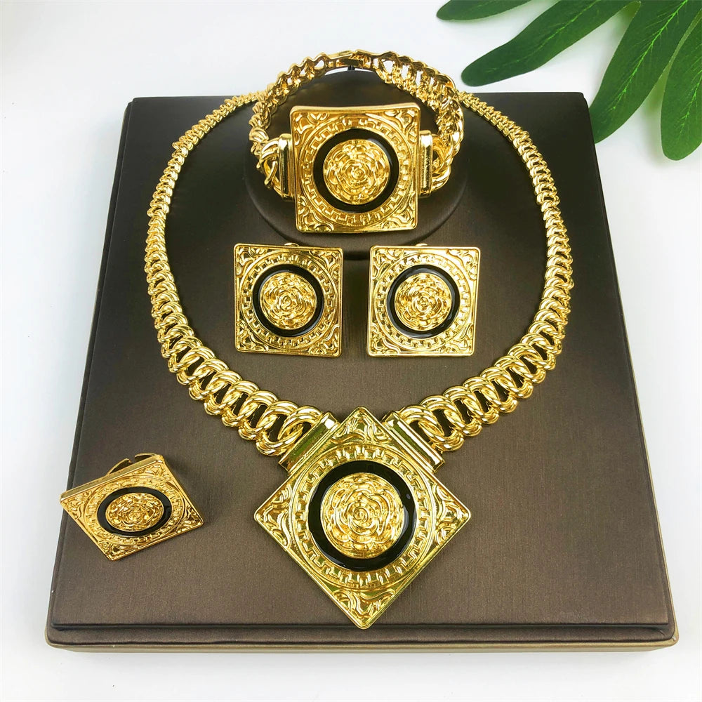 TITI Dubai Luxury Jewelry Set for Women 18K Gold Plated Necklace Bracelet Ring Earrings Classic Daily Wear Party Gift