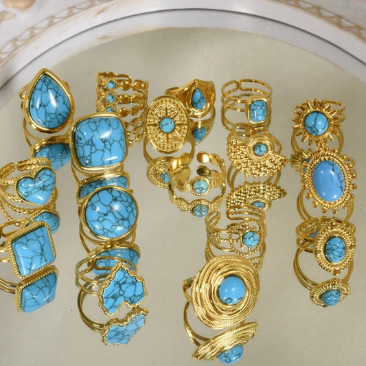 2pcs/lot Vintage Turquoise Gold Plated Knuckle Rings Blue Synthetic Stone Stainless Steel Rings Boho Jewelry Women Gifts No Fade