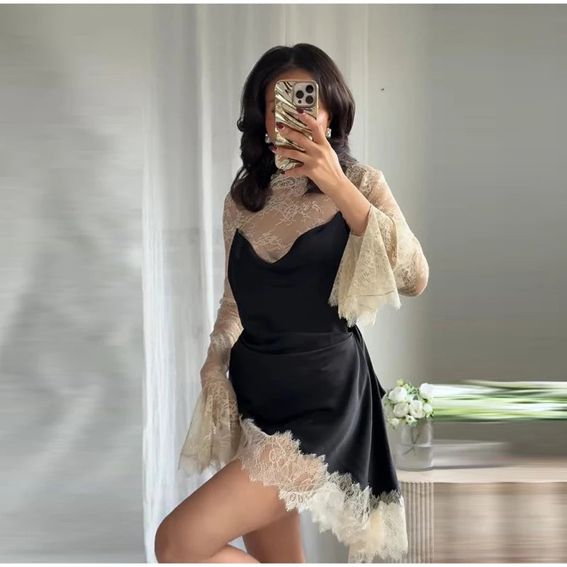 Elegant Lace Patchwork Satin Mini Dress Women High Collar Flare Sleeve See Through Party Dresses 2025 Autumn Lady Evening Robes