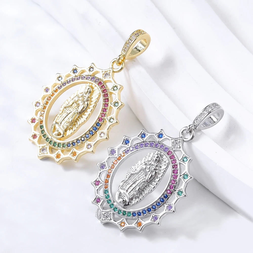 Juya 18K Real Gold Plated Religious Pendant Jewelry Making Supplies Creative Saint Mary Virgin Christian Cross Charms Supplies