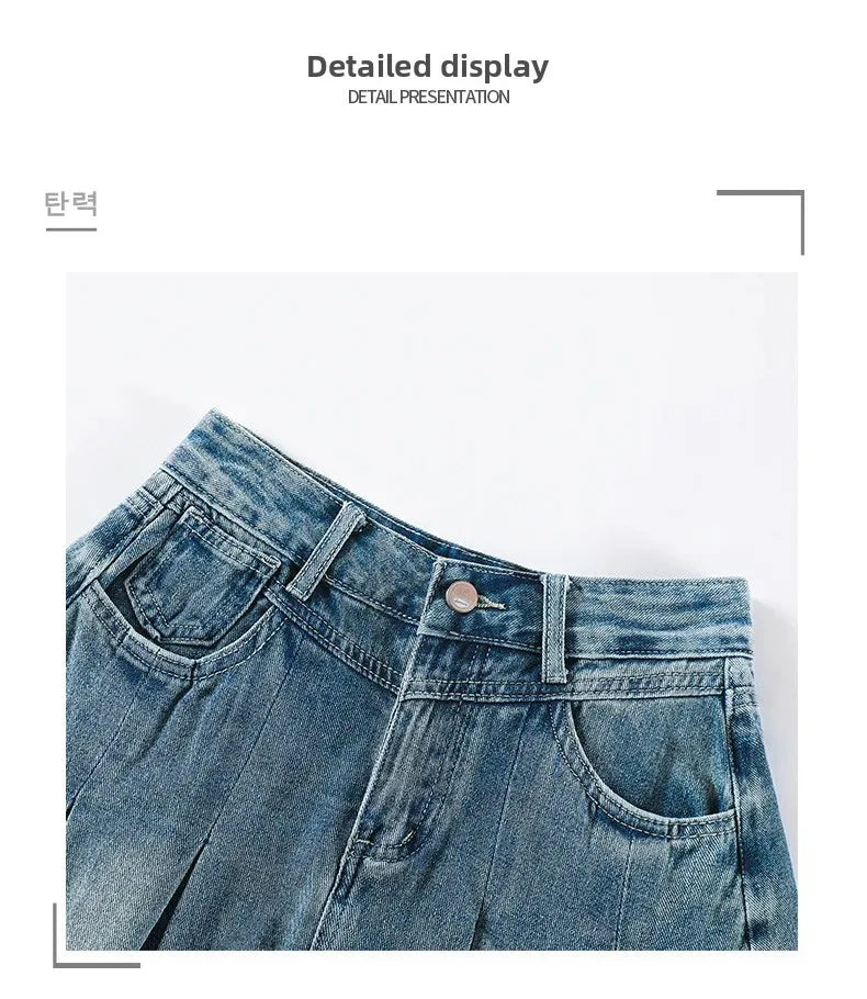 Fashionable High Waist A- Line Mini Skirt Women's Summer New Style American Retro Denim Skirts Cotton Slimming Pleated Skirts