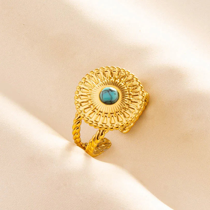 Classic Retro Turquoise Finger Jewelry Stainless Steel Rings For Women Men Accessories Open Adjustable 18k Real Gold Plated Ring
