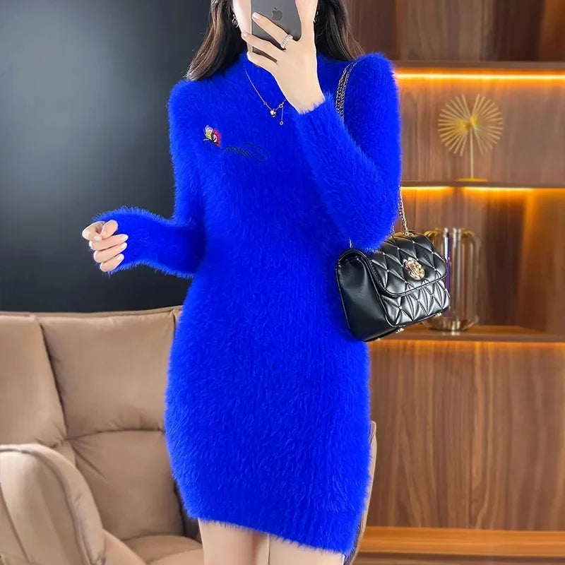 Autumn Winter Imitation Mink Fleece Dress Women Sweater Pullover Slim Embroidered Knitting Dress Female Base Shirt Mini Dress