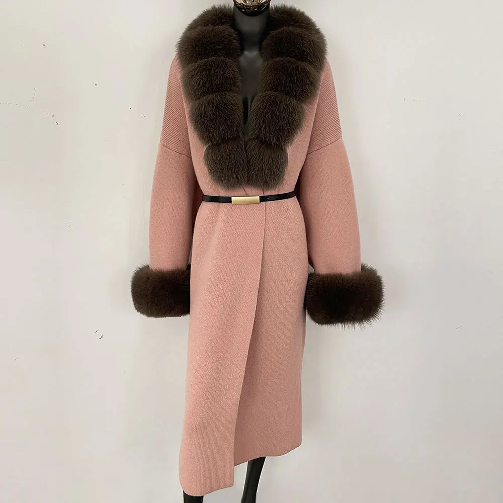 Long Knitwear Coat Women Warm Belt Real Fox Fur Jacket Female 2024 New Autumn Winter Kintted Natural Fur Coat Women