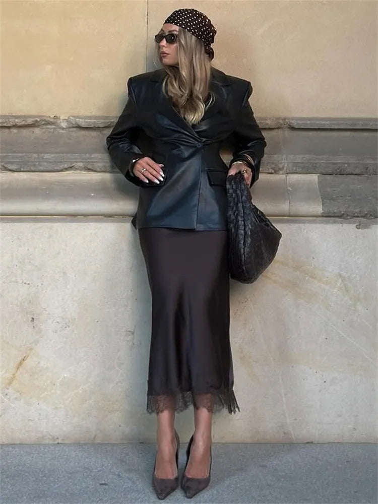 Tossy Fashion Autumn Lace Maxi Skirt For Women High Waist Slim Satin Elegant Commute Party Looks Female Printed Lace Long Skirt