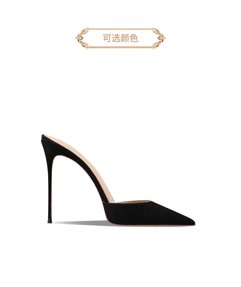2025 new black suede high-heeled slippers with a warm and sexy temperament, pointed red bottom and slim heels for women