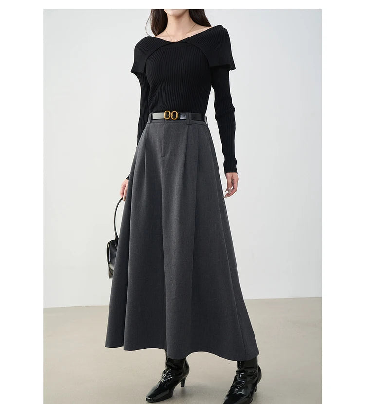 VIMLY Midi Women Skirt 2025 Autumn Office Lady Gray A-line Bud Elegant Ladies Skirt Zipper Loose Pockets Female Skirts A2202