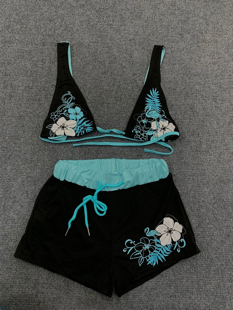 Summer Y2K Aesthetic Vintage Contrast Flower Print Suspender Bra Shorts Set Beach Fashion Hot Sexy Ladies Split Two Piece Bikini