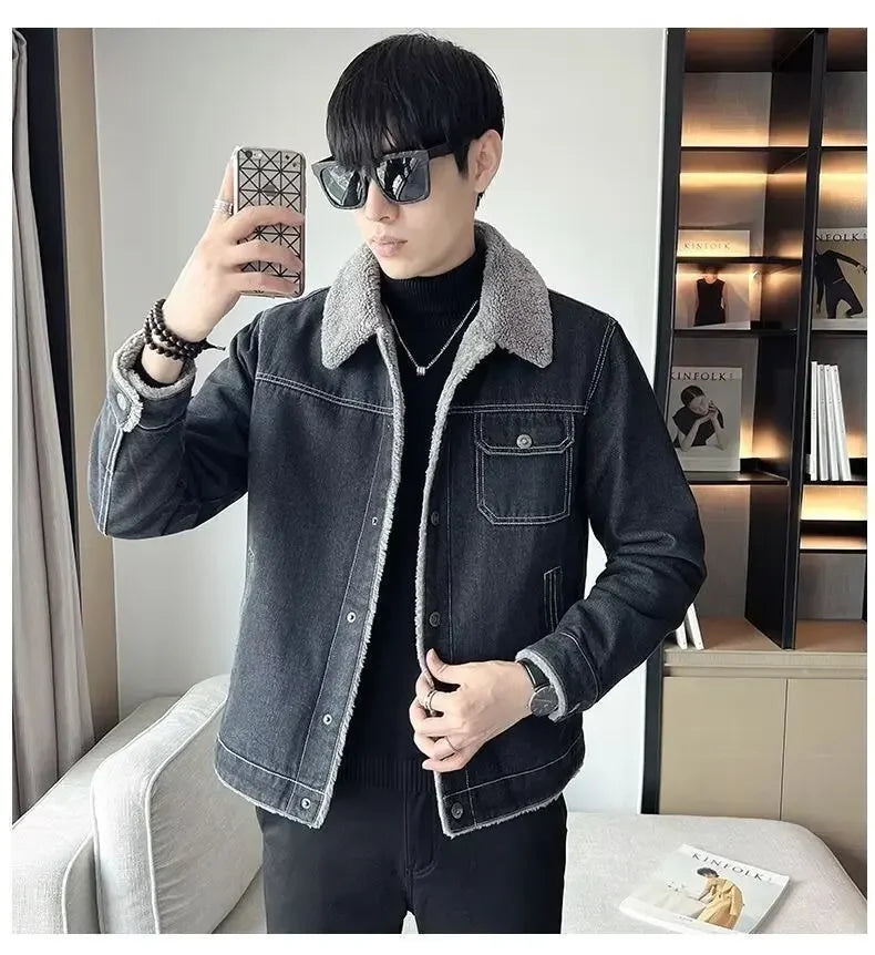 Men's Denim Jacket Winter Thickened Fleece Lined Fashionable New Arrival Hot Sale Of The Season Cotton Coat with Lamb Fur Collar