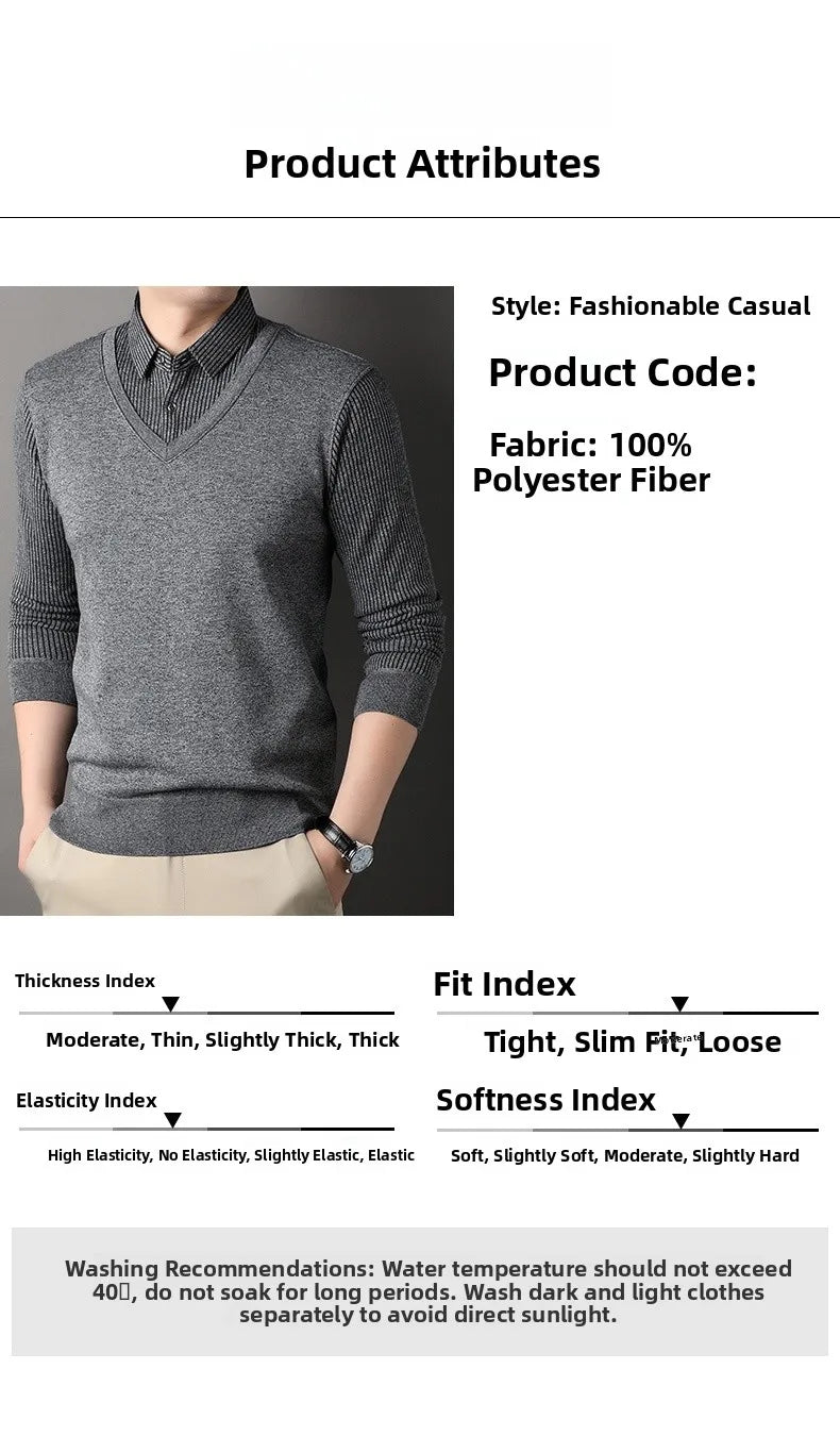 Men's Long Sve Fce Lined Knitted irt Busin Casual Sle Winter Warm Top Fake Two-Piece Design Comfortable Fit