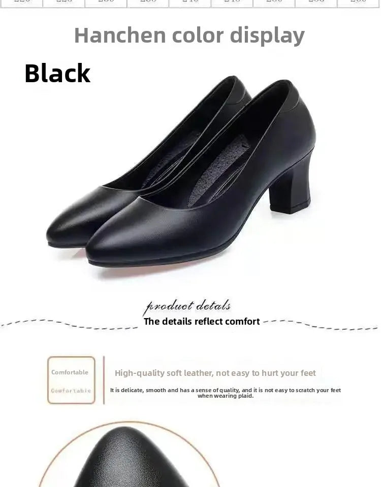 Black Interview Shoes for Women Hotel Work High Heel Soft Bottom Leather Single Shoes Summer Season Adult Footwear
