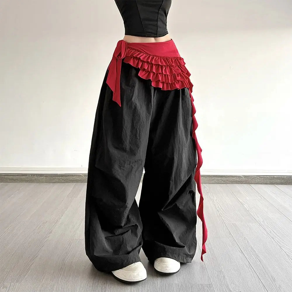 Embroidered Flower Lace Mini Skirt See Through Irregular Ruched Skirts Harajuku Lace-up Design Lace Up Ruffles Skirt