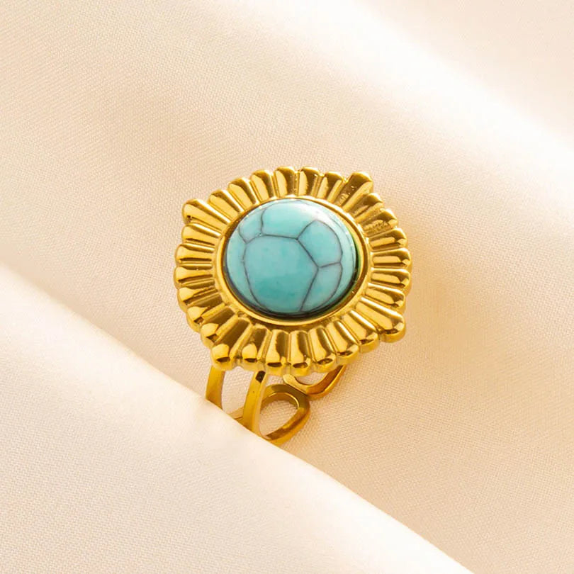 Classic Retro Turquoise Finger Jewelry Stainless Steel Rings For Women Men Accessories Open Adjustable 18k Real Gold Plated Ring