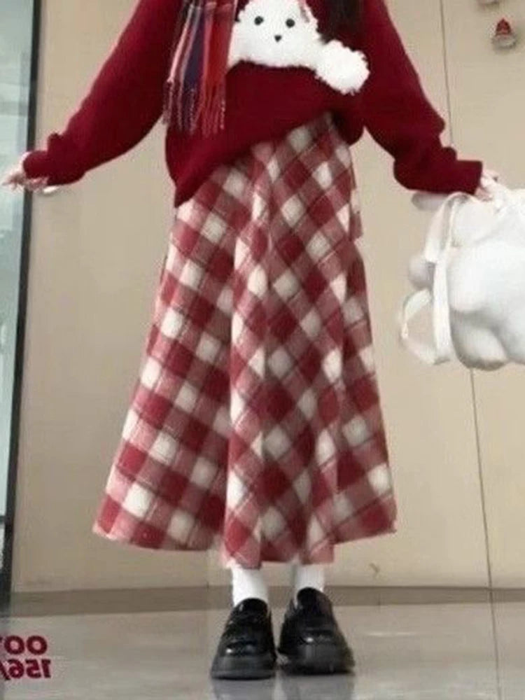 Red Plaid Midi Skirt Women Fall Winter Vintage High Waist Sweet Woolen Cloth Skirts Retro Loose Preppy Aesthetic Female Skirt