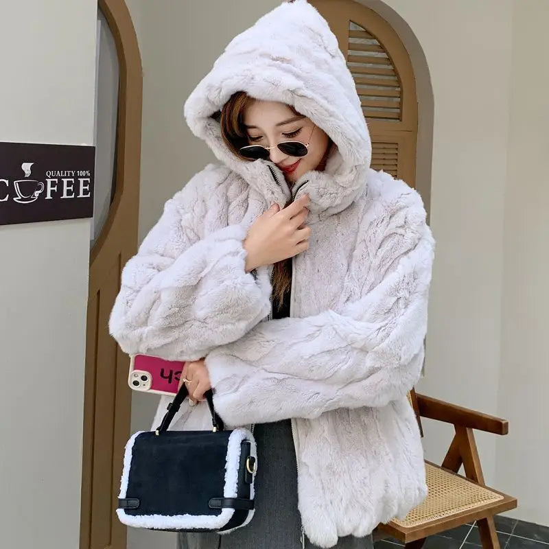 100% Real Rabbit Fur Coat Women Winter Loose Hooded Zipper Natural Fur Jacket Thick Warm Woman Clothing Female Furry Outerwears
