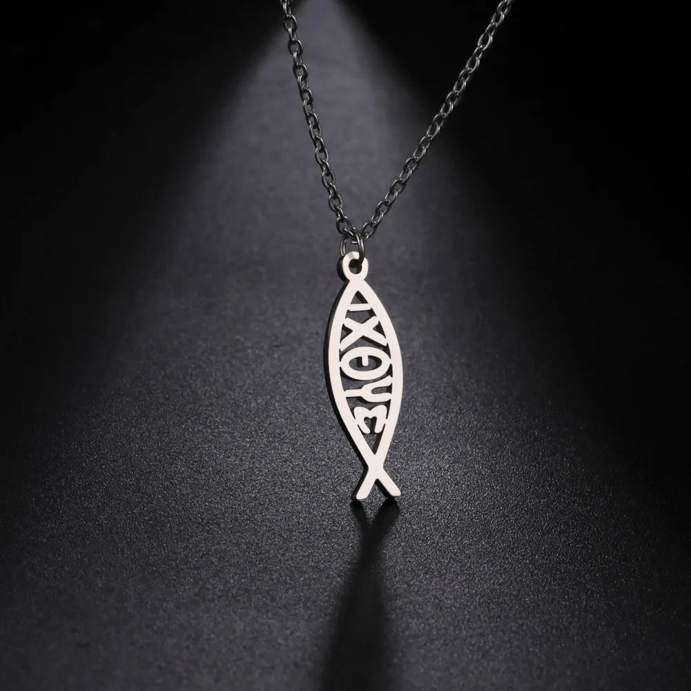 LIKGREAT Christian Jesus Fish Pendant Necklace for Women Stainless Steel Ichthys Faith Pray Choker Jewelry Valentine's Day Gifts