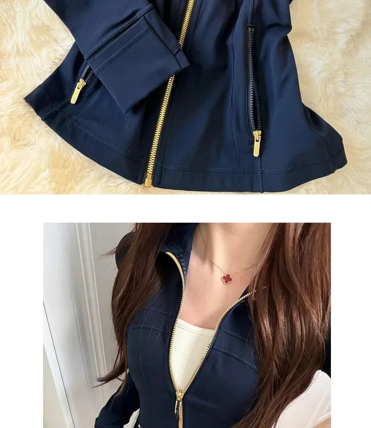 Light Blue Yoga Wear Women's Thin Outerwear 2025 New Shoulder Fit Waist Cinch Early Autumn Fishbone Sports Top