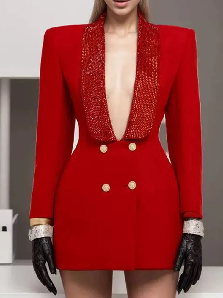 2025 autumn women's new fashion temperament deep V-neck heavy industry beading stitching design sense backless women's suit jack