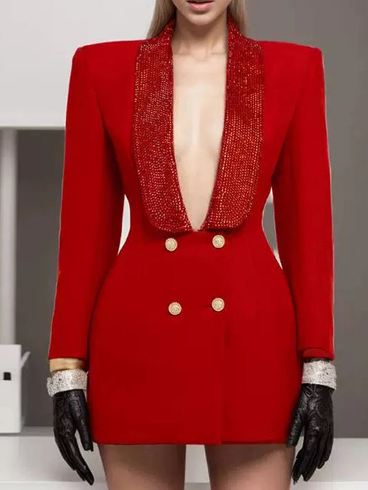 2025 autumn women's new fashion temperament deep V-neck heavy industry beading stitching design sense backless women's suit jack