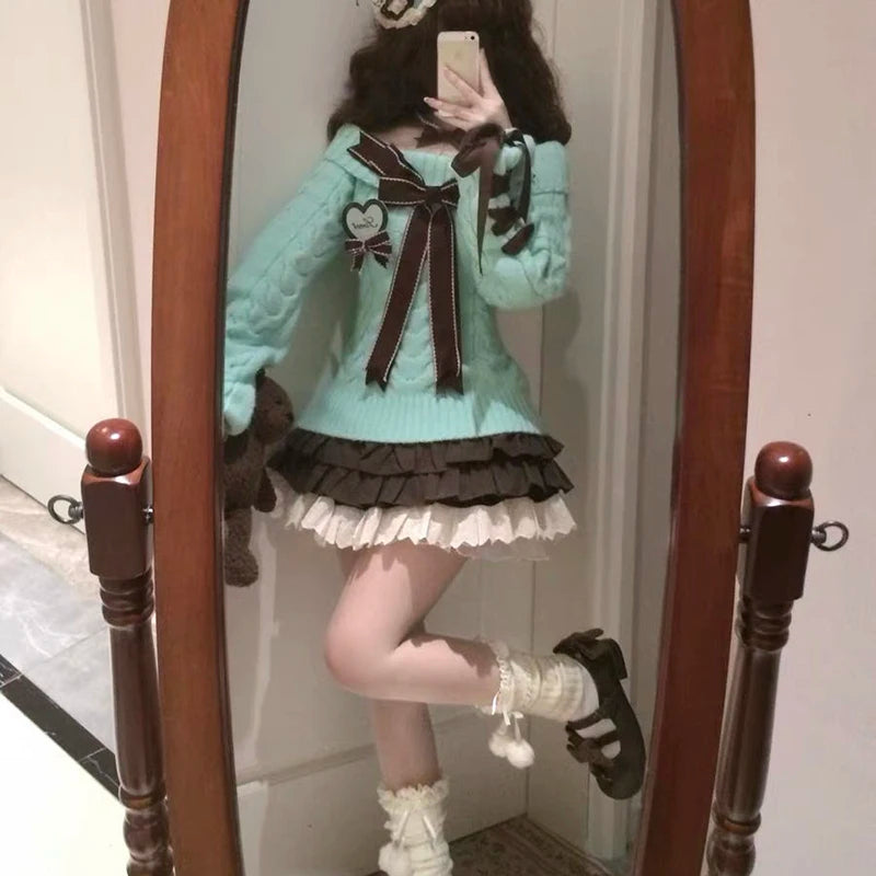 Japanese Sweet Lolita Mini knitting Skirts Women Y2K Harajuku Lace Patchwork Bow Cake Skirt High Waist Fashion A Line Skirts