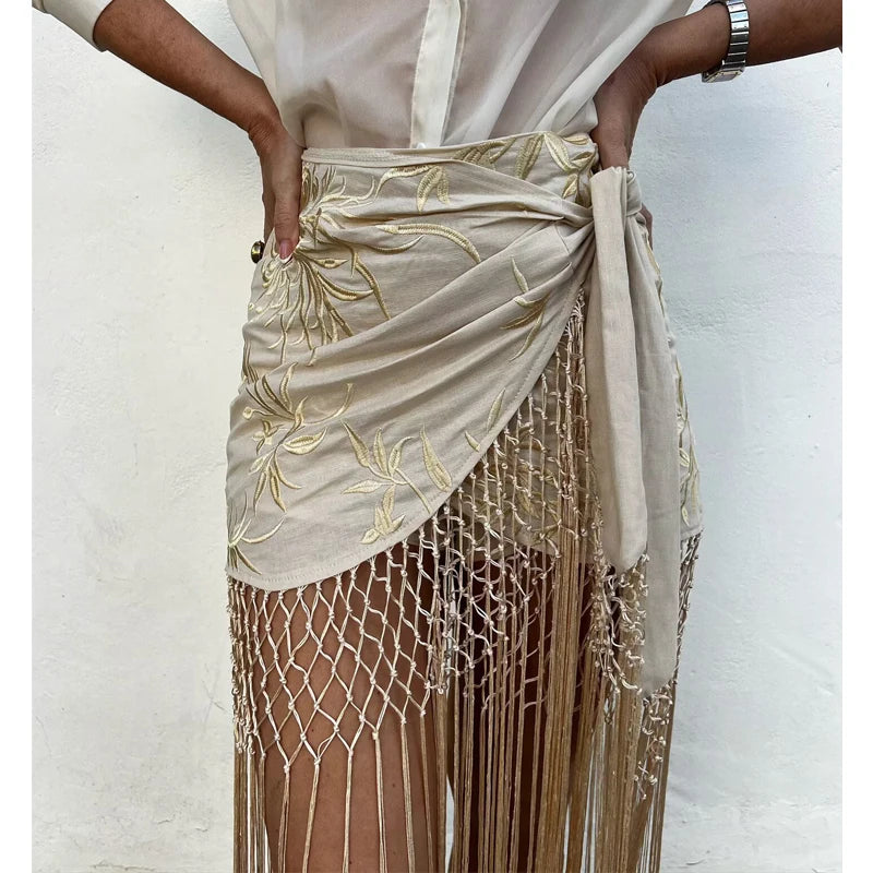 MUJER Embroidery Lace Long Skirt Woman High Waist Midi Skirts for Women Summer Beach Skirt Woman Tassel Women's Skirts Cylinder