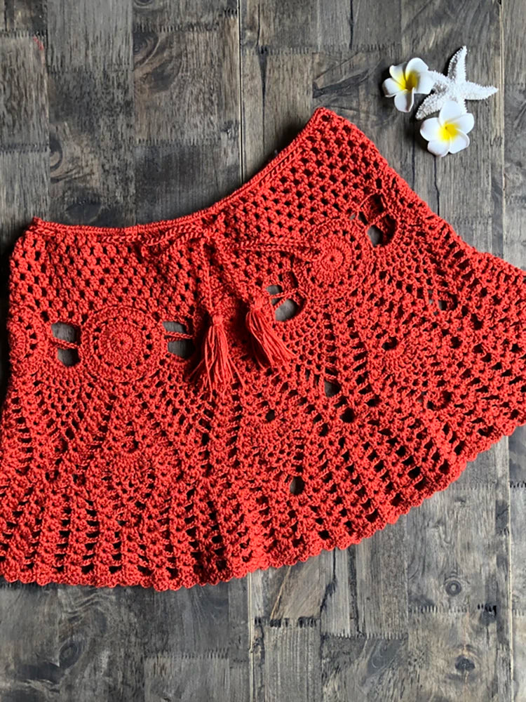New Sexy Crochet Tassel Beach Skirt Cotton Swimsuit Fused Skirt Casual Beach Running Lace See Through Slim Mini Skirts