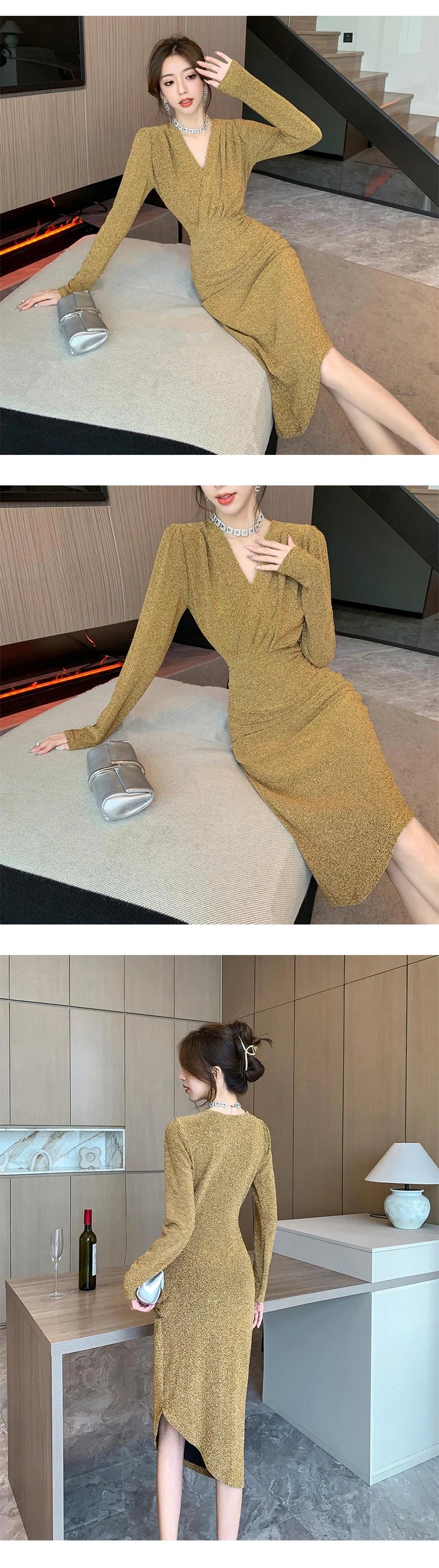 Women Clothes Casual Glitter Shiny Gold V-Neck Folds Slim Asymmetrical Dress Elegant Evening Party Birthday Vestidos Spring New