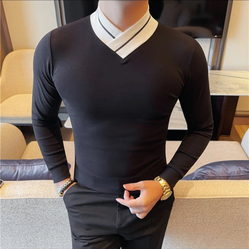 Autumn Winter Men's Mock Neck Long Sleeved T-shirt Slim Fit Elastic Solid Color Base Shirt Versatile Casual Business T-shirts